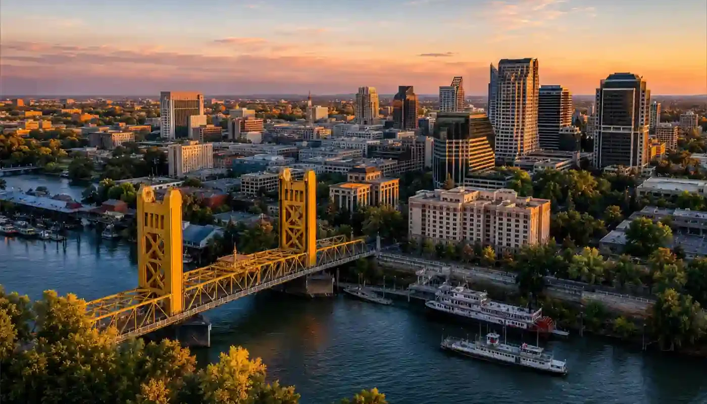 sell my house fast Sacramento aerial skyline hero image featuring downtown Sacramento, Tower Bridge, and local neighborhoods for a cash home buyers landing page by R&H Distressed Properties
