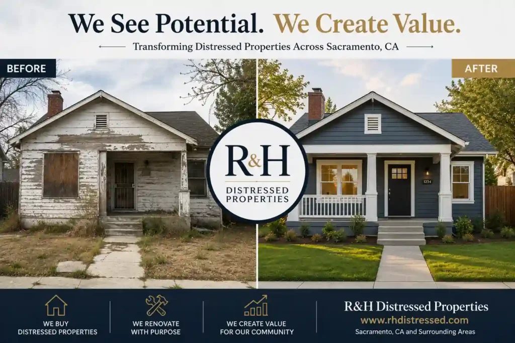 Sell my house fast Sacramento before and after home renovation by R&H Distressed Properties showing a distressed Sacramento house transformed into a fully updated home after a fast cash sale.
