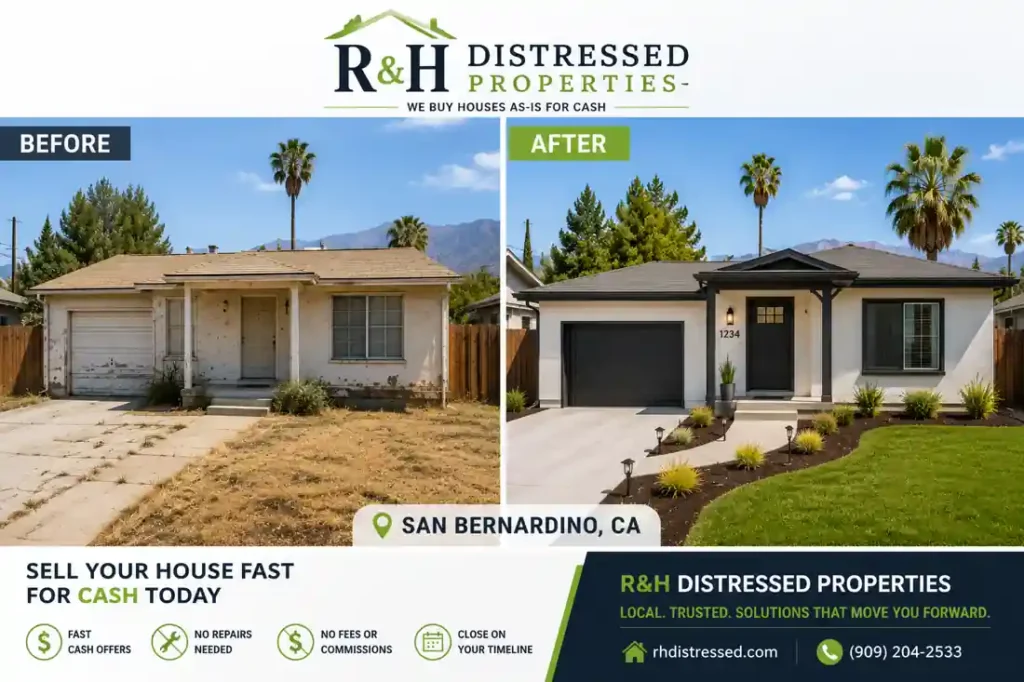 Fresh before and after San Bernardino CA house transformation showing an outdated property remodeled after homeowners sold their house fast for cash to R&H Distressed Properties without repairs, realtor fees, or long closing delays