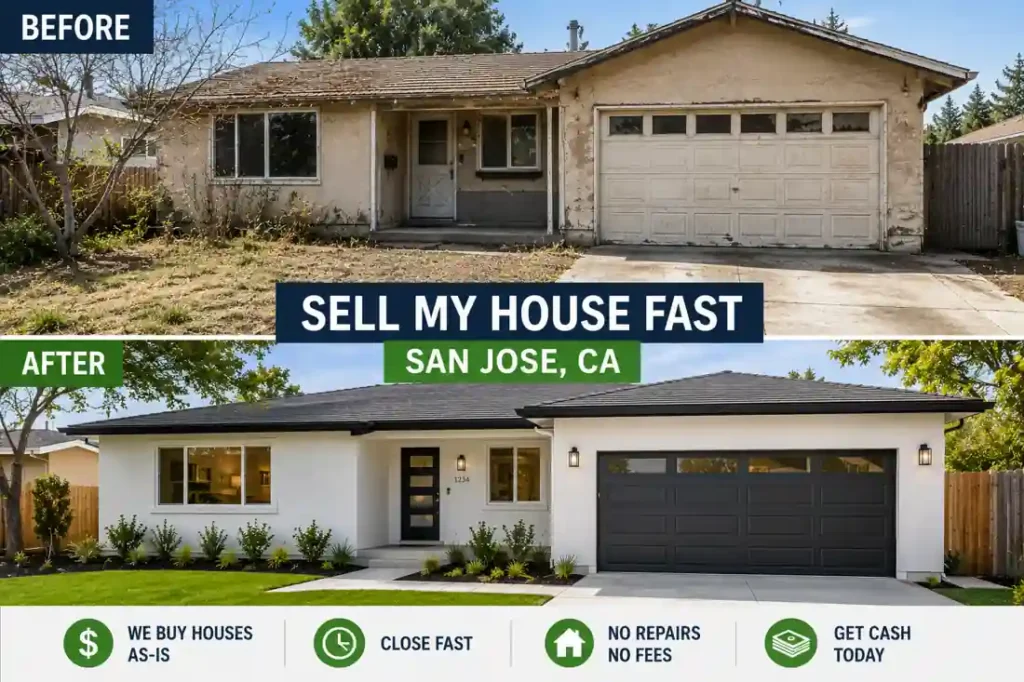 Before and after distressed house renovation in San Jose CA after selling house fast for cash to a local cash home buyer. Sale my house fast.