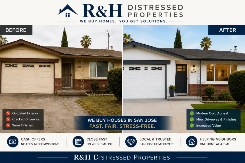 Sell my house fast San Jose CA. Professional before and after image showing a dated San Jose California house transformed after selling fast to R&H Distressed Properties without repairs or agent fees