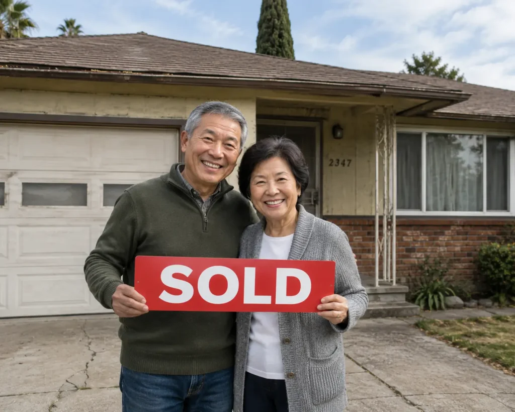 We buy houses san jose ca. Happy older couple holding red sold sign after selling their dated San Jose California home for cash fast