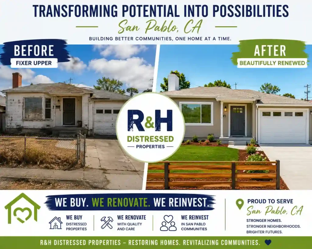 Sell my house fast in San Pablo CA fixer upper before and after renovation by R&H Distressed Properties cash home buyers purchasing houses in any condition for cash