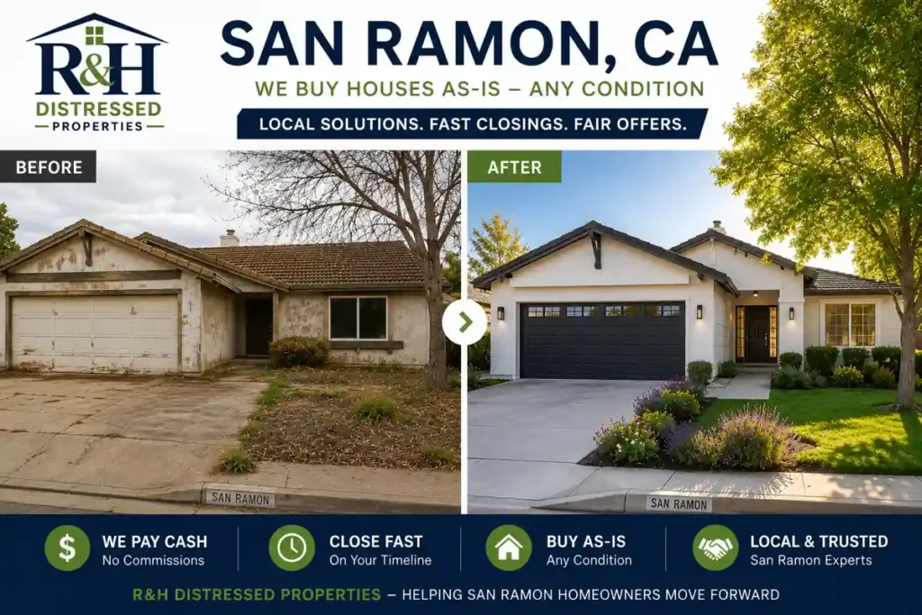 Before and after house transformation in San Ramon CA showing a distressed home renovated by R&H Distressed Properties for homeowners looking to sell my house fast for cash in any condition
