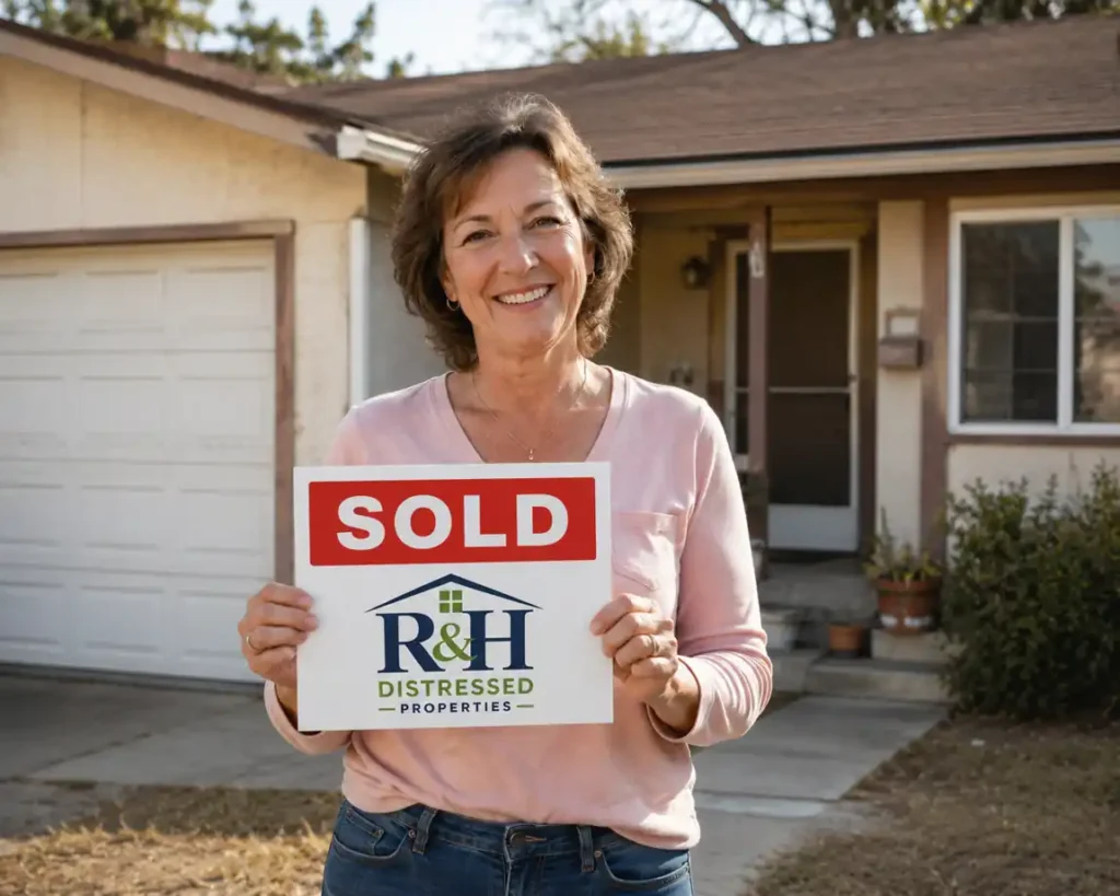 Happy San Ramon homeowner holding a sold sign after selling a dated house fast for cash to R&H Distressed Properties without repairs or realtor fees