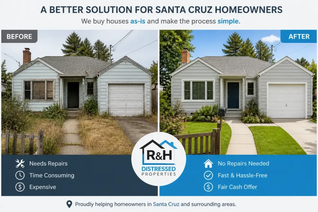 Before and after of a Santa Cruz house showing distressed property transformed into a clean home for homeowners who want to sell their house fast