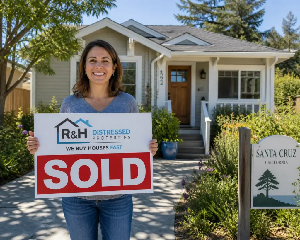 happy homeowner holding a sold sign in front of a Santa Cruz house after selling their house fast to a local cash buyer.