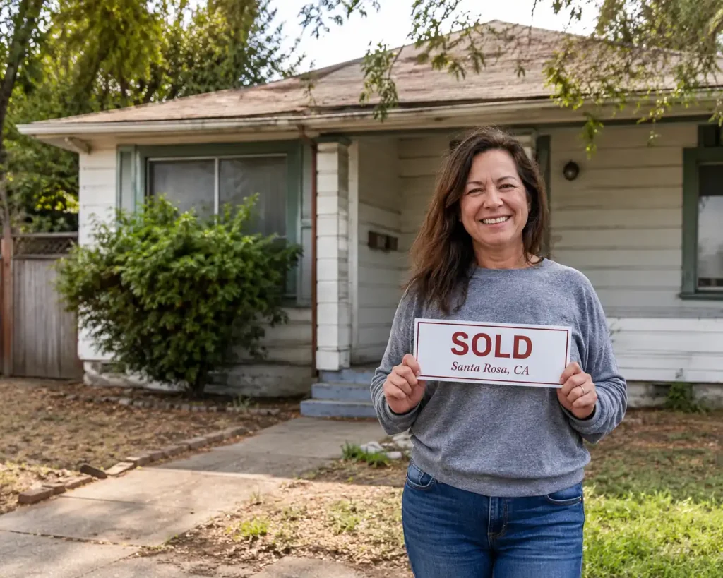 Santa Rosa homeowner holding sold sign after selling house fast for cash in Santa Rosa CA to local cash home buyers without repairs or real estate agent fees