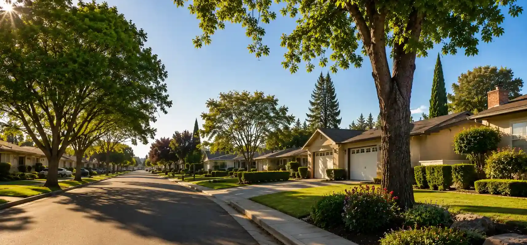 Quiet tree lined street in Sherwood Manor Stockton CA with well maintained suburban homes during golden hour for sell my house fast