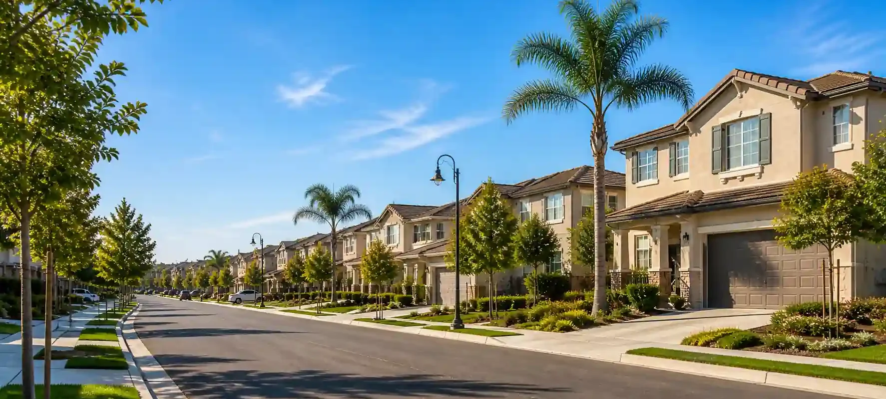 Modern suburban street in Spanos Park Stockton California with newer homes and palm trees representing homeowners looking to sell houses fast in Spanos Park Stockton CA