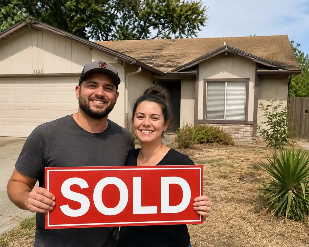 Happy Spanos Park Stockton homeowners holding a red sold sign after selling their house fast for cash without repairs, realtor commissions, or open houses