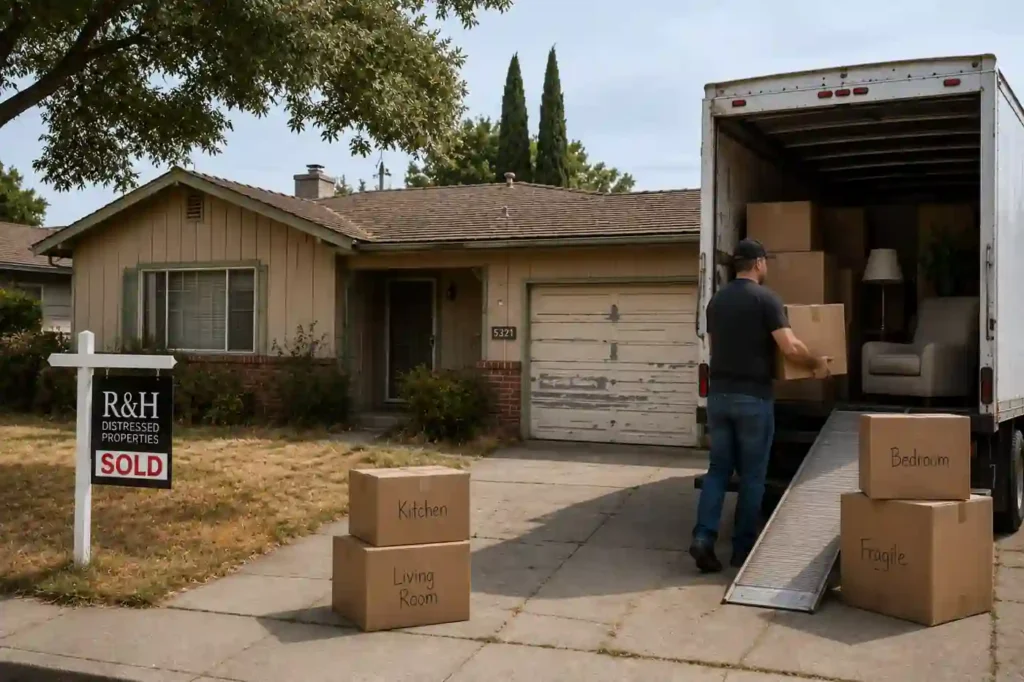 sell my house fast stockton CA moving truck scene showing a homeowner loading boxes outside a dated suburban house after a fast cash home sale for downsizing relocation or inherited property transition by R&H Distressed Properties