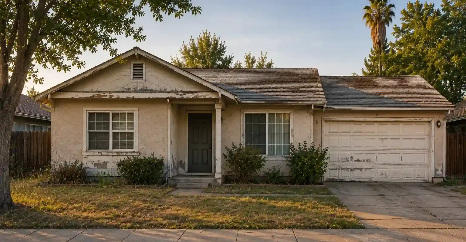 Visalia California house in older condition with overgrown yard for a sell my house fast cash home buyer