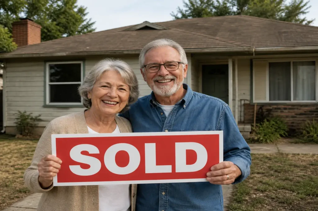 happy older homeowners holding sold sign in front of older West Sacramento home after selling house fast