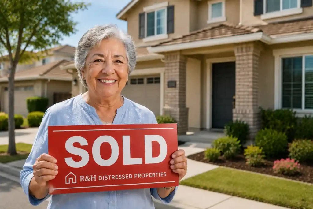 Happy Weston Ranch Stockton homeowner holding a red sold sign after selling their house fast for cash with R&H Distressed Properties without repairs, realtor commissions, or open houses