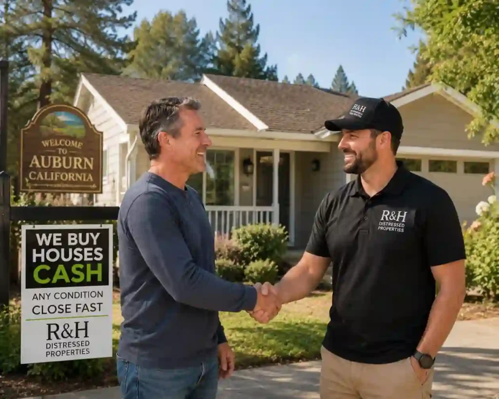 Sell my house for cash auburn ca. Happy Auburn CA homeowner shaking hands with R&H Distressed Properties after selling a house for cash without repairs, agents, or closing costs