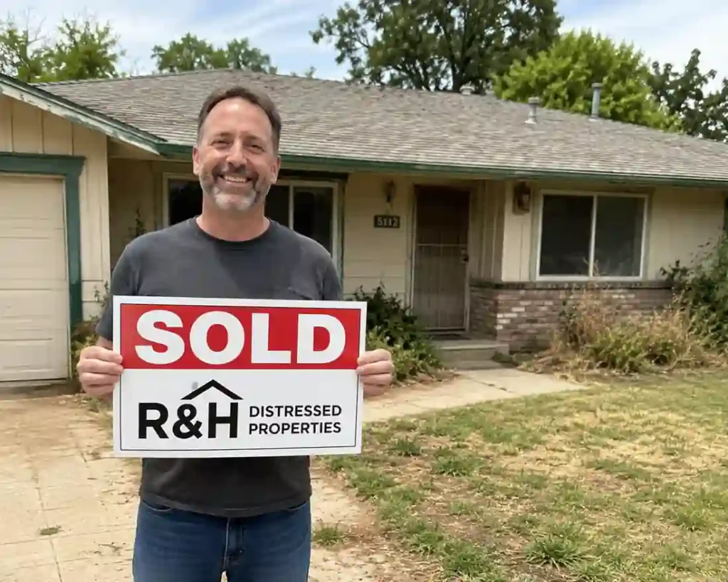 Happy Carmichael homeowner holding sold sign after choosing to sell my house for cash to a local cash home buyer outside a fixer upper ranch style house in Carmichael CA