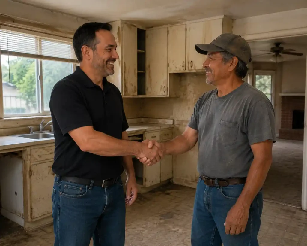 Sell my house for cash in Elk Grove CA with local cash home buyer and homeowner shaking hands inside a fixer upper house after agreeing to a fair cash offer