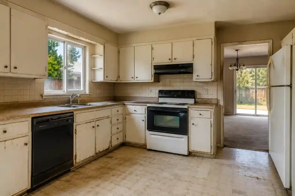 Fixer upper kitchen in Fair Oaks CA with worn cabinets and outdated appliances before choosing to sell my house for cash to local cash home buyers without repairs or cleaning