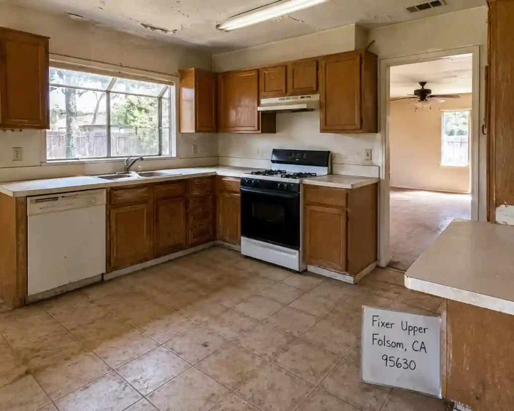 Dated fixer upper kitchen in Folsom showing an older home interior before renovation for homeowners looking to sell their house for cash fast.