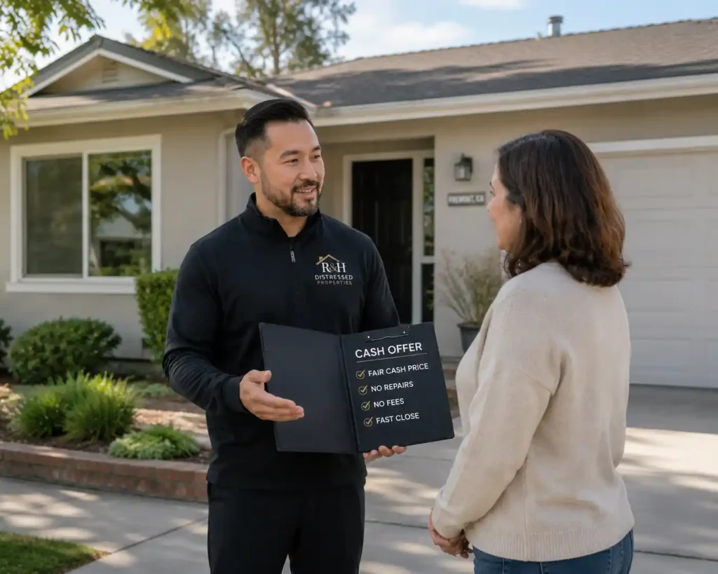 R&H Distressed Properties helping a Fremont CA homeowner sell your house for cash outside of a fixer upper home with a fast cash offer discussion.