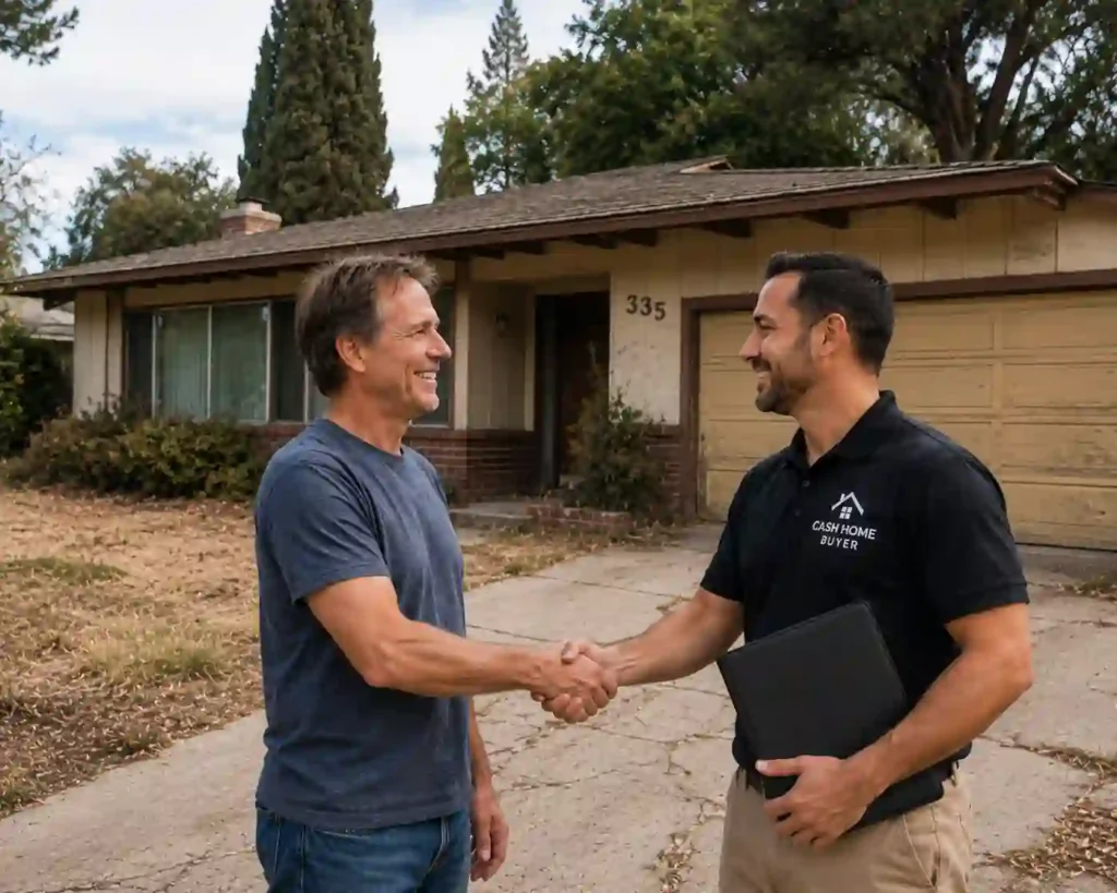 Happy homeowner shaking hands with a local cash home buyer outside a 1970s fixer upper house in Lafayette CA after selling house for cash fast as is
