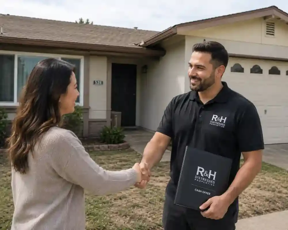 Sell my house for cash in Milpitas CA with R&H Distressed Properties shaking hands with a homeowner outside a dated house after a fair cash offer.