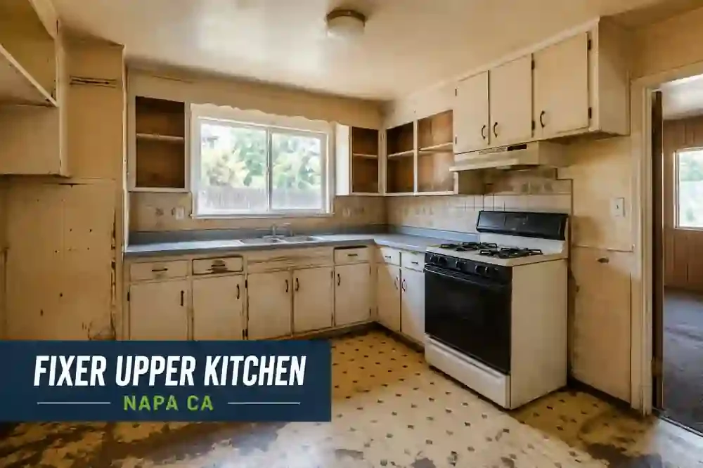 Fixer upper kitchen in Napa CA with outdated cabinets and worn interior for homeowners looking to sell my house for cash fast without repairs or cleaning