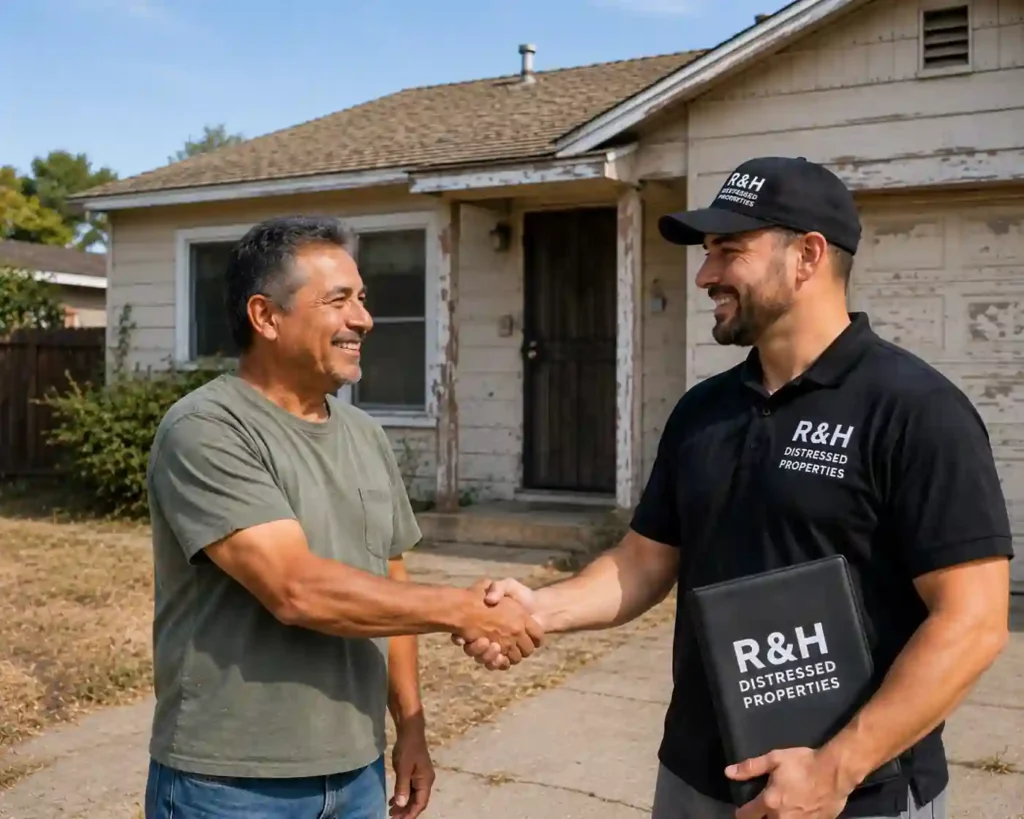 Happy homeowner shaking hands with R&H Distressed Properties outside a fixer upper house in North Highlands CA after selling house for cash fast as is