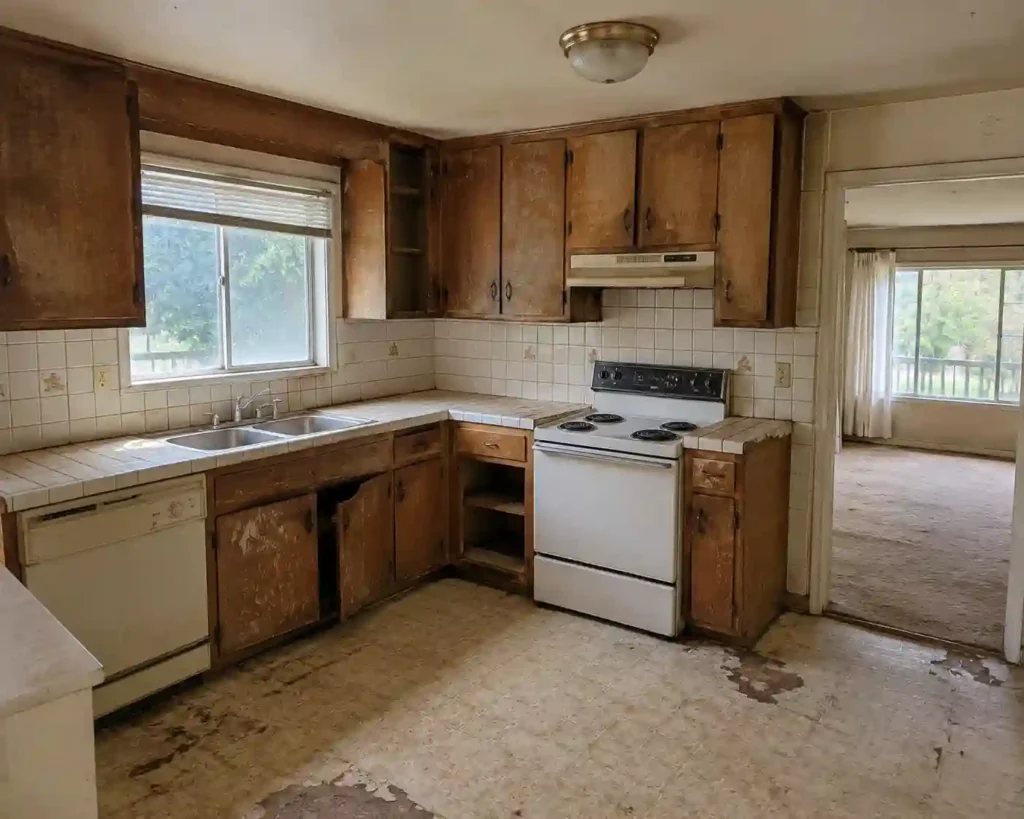 Sell my house for cash Novato CA with this dated fixer upper kitchen sold as-is to local cash home buyers without repairs or cleaning