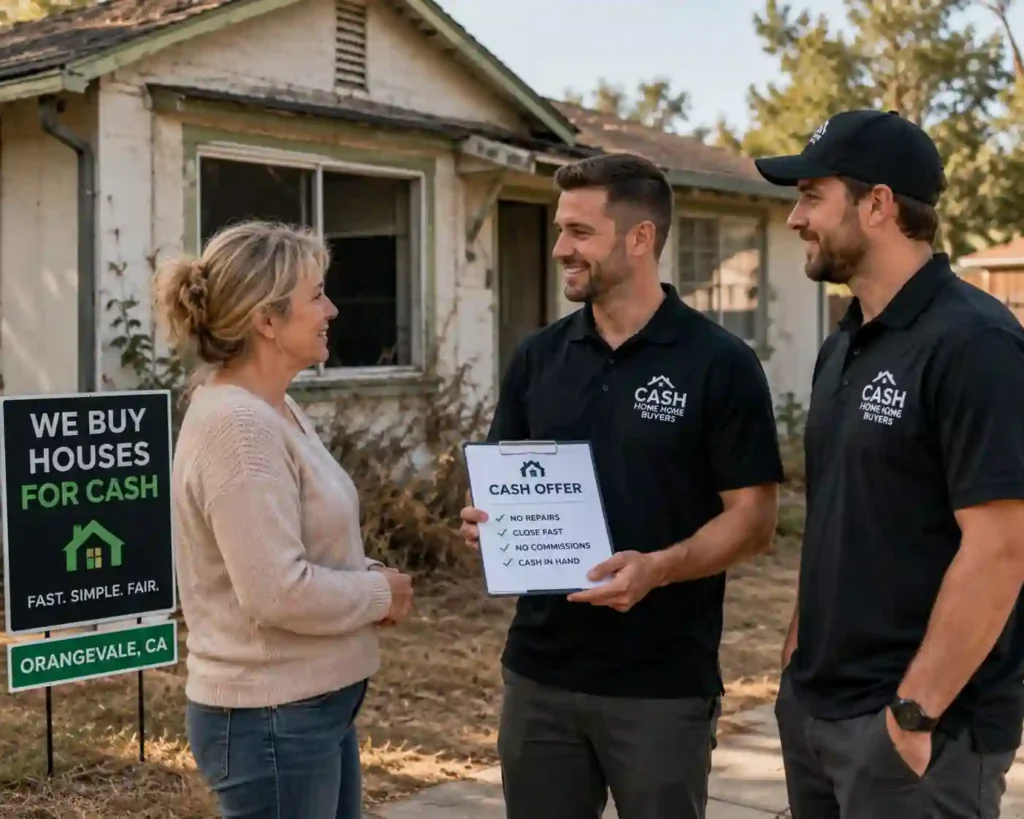 Seller discussing a cash offer with local cash home buyers outside a fixer upper house in Orangevale CA to sell my house fast for cash as is