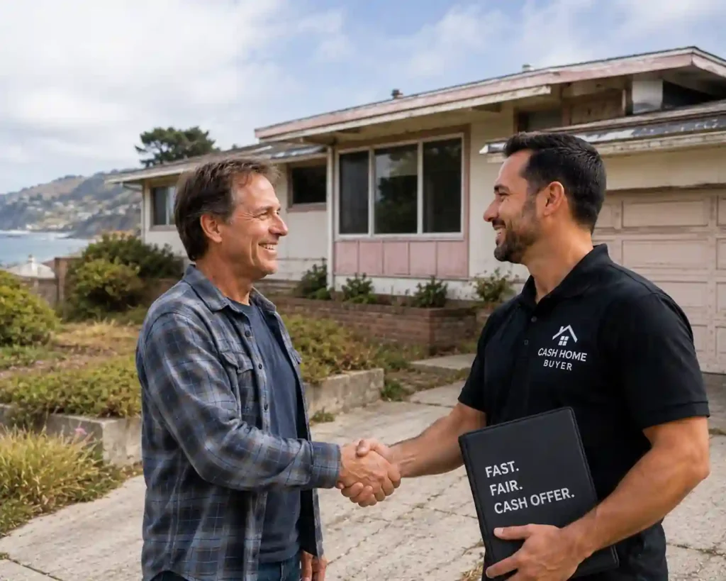 Happy homeowner shaking hands with a local cash home buyer outside a dated Pacifica CA fixer upper house near the coast after selling house for cash fast as is
