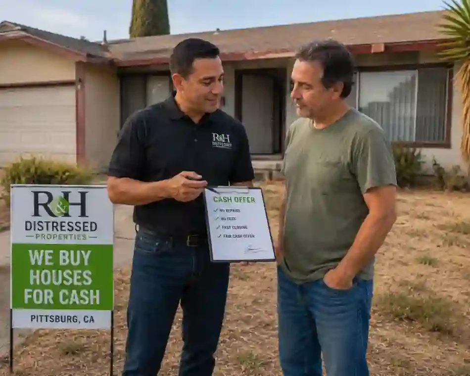 Sell my house fast. Seller and local cash home buyer from R&H Distressed Properties discussing a fair cash offer outside a 1970s fixer upper house in Pittsburg CA without repairs or agent fees
