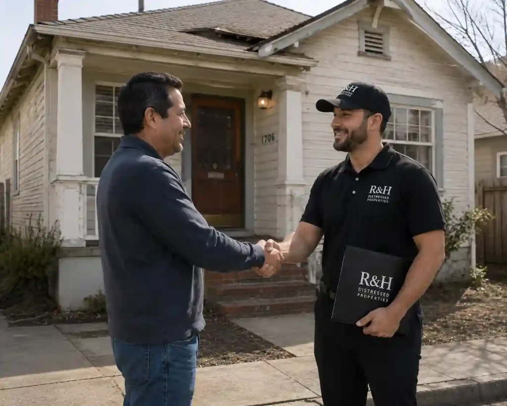 Homeowner shaking hands with R&H Distressed Properties outside a fixer upper Richmond CA house after accepting a cash offer to sell house fast as is.
