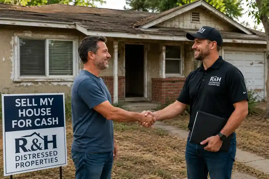 Sell my house for cash Roseville CA with a local homeowner and R&H Distressed Properties shaking hands outside a fixer upper house.