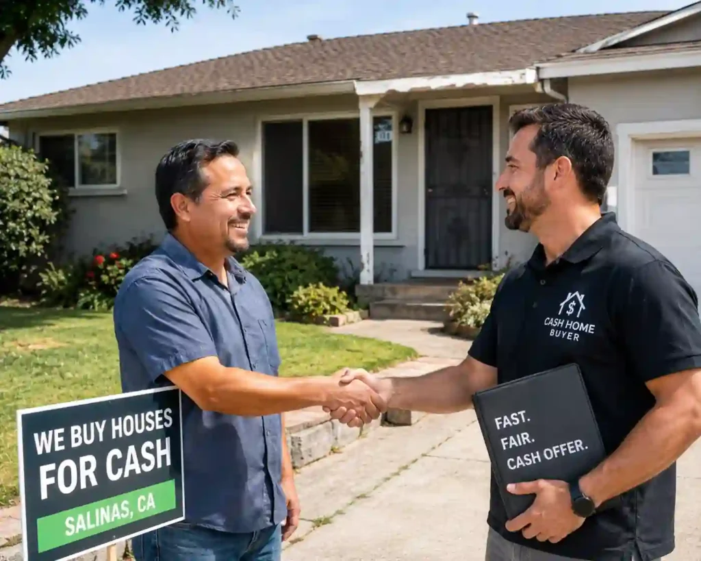 Happy homeowner shaking hands with a local cash home buyer outside a Salinas CA fixer upper house after selling house for cash fast without repairs or real estate agents