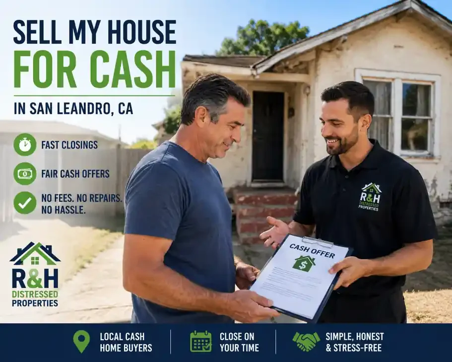 Sell my house for cash in San Leandro CA with local cash home buyers from R&H Distressed Properties discussing a fair cash offer outside a fixer upper house.