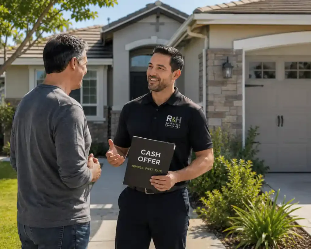 Homeowner discussing how to sell your house for cash with R&H Distressed Properties outside a San Ramon CA home during a fast cash offer consultation.