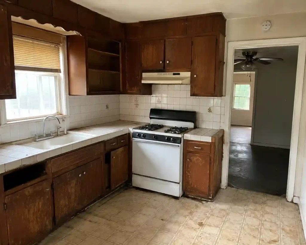 Sell my house for cash in Stockton CA with this dated fixer upper kitchen sold as-is without repairs or cleaning needed