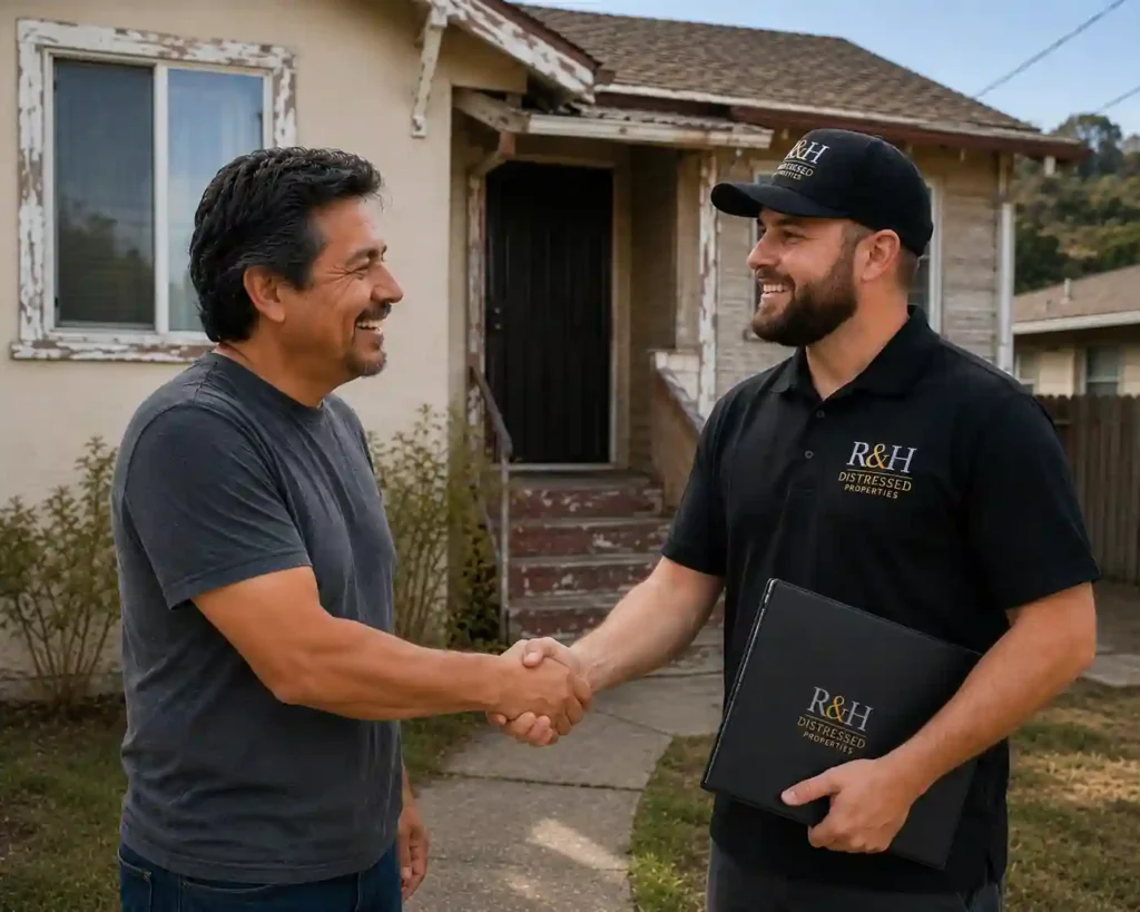 Homeowner shaking hands with R&H Distressed Properties after choosing to sell my house for cash Vallejo without repairs or realtor fees