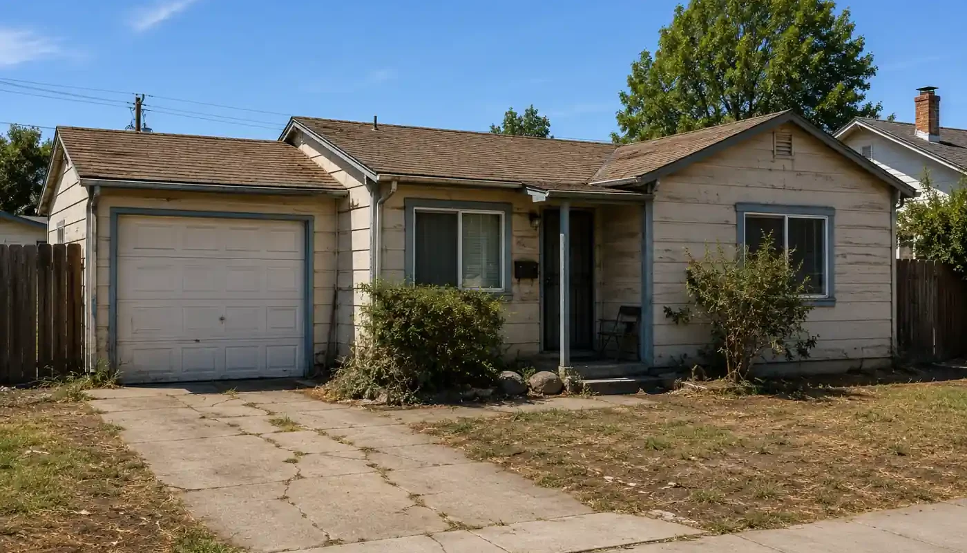 Older Bay Area rental property with deferred maintenance and worn exterior before selling the house as-is for cash