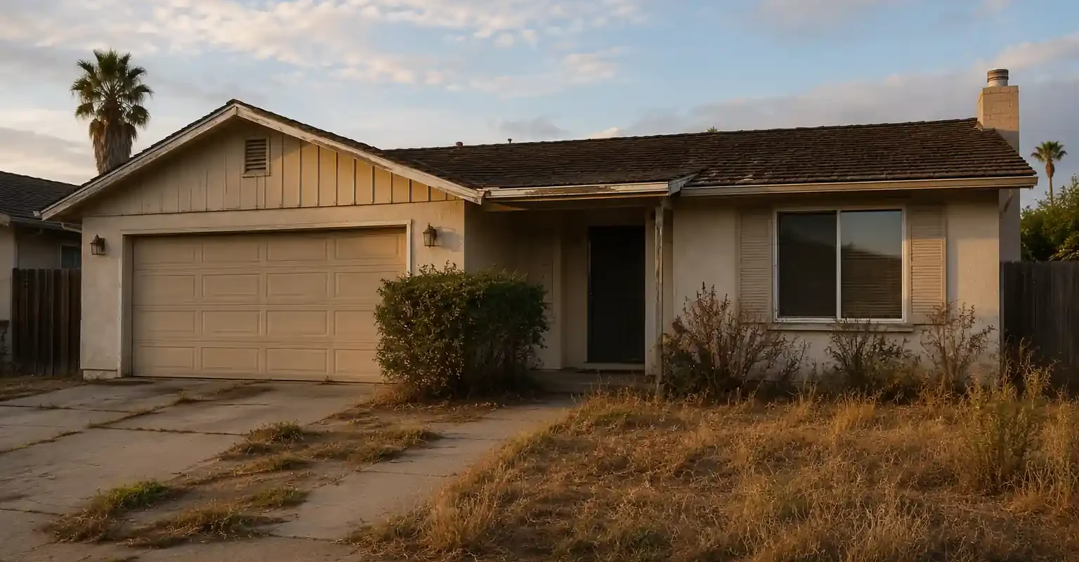 Vacant California house with overgrown yard and empty driveway ready for a fast as-is cash sale without repairs or cleaning
