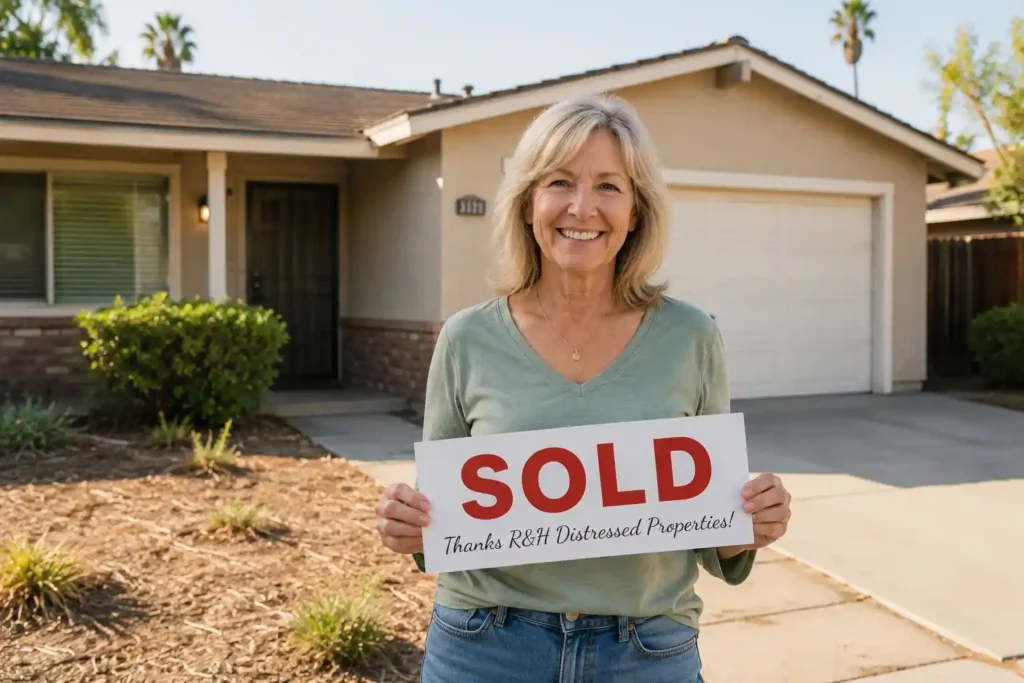 Happy California home seller holding a sold sign after selling a vacant house fast for cash without repairs or realtor fees