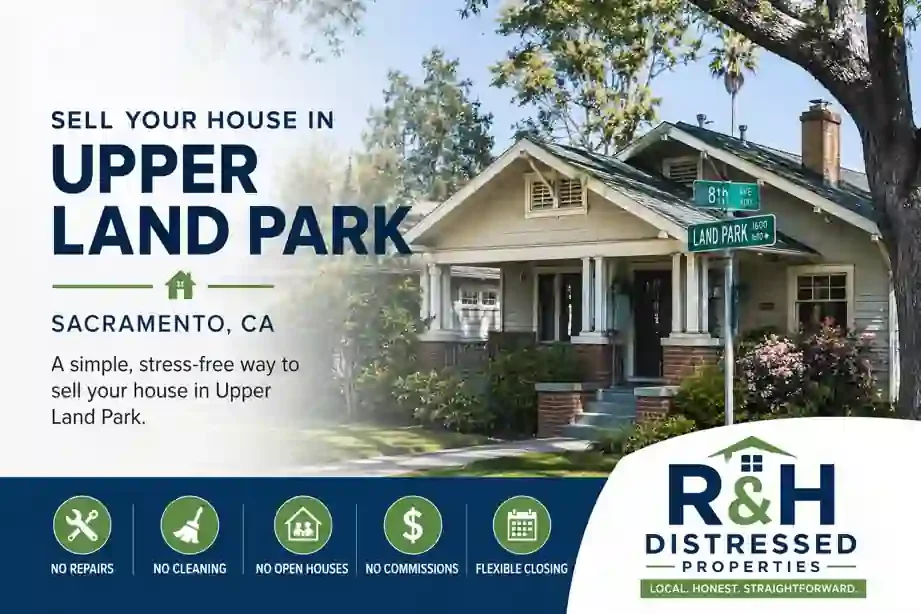Sell your house in Upper Land Park Sacramento image showing a classic Sacramento craftsman home with R&H Distressed Properties offering a simple local home selling solution without repairs, cleaning, or commissions.