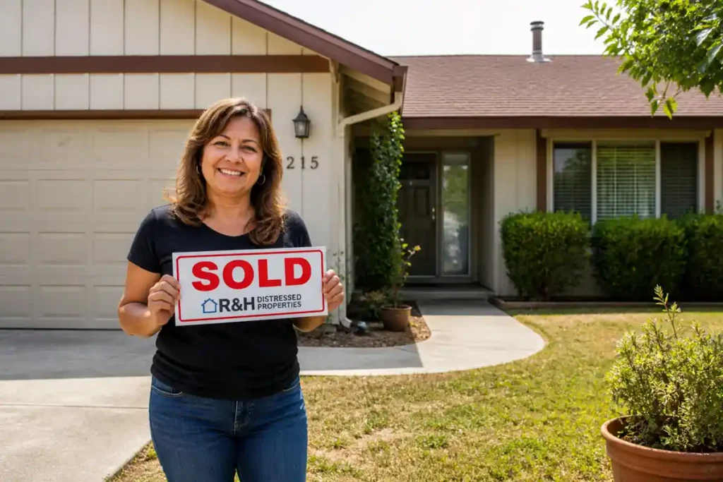 Happy homeowner holding sold sign outside a slightly dated American Canyon California home after selling house fast without repairs. We buy houses fast.