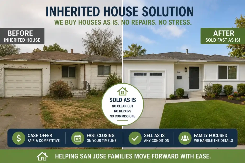 Before and after transformation of an inherited San Jose house sold as is without repairs, cleanup, or realtor commissions through a fast cash home sale process
