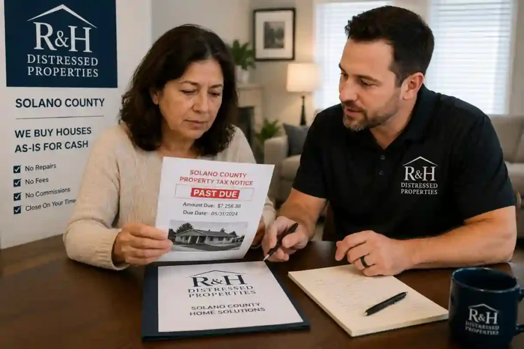 Homeowner reviewing delinquent Solano County property tax paperwork with R&H Distressed Properties while selling a house with back taxes as-is for cash.