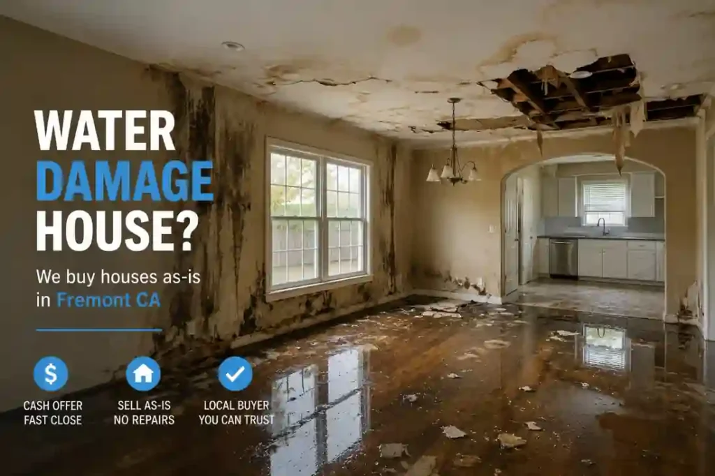 Water damaged house interior in Fremont CA with ceiling leaks flooding and major water damage