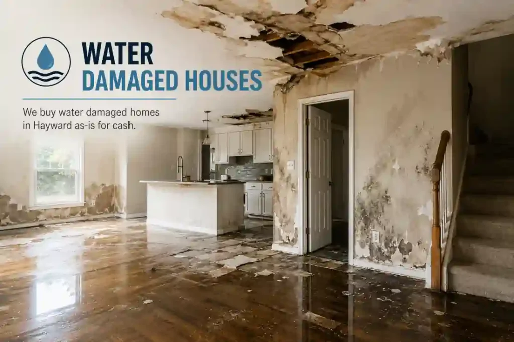 Water damaged house interior in Hayward CA with ceiling leaks and flooding damage