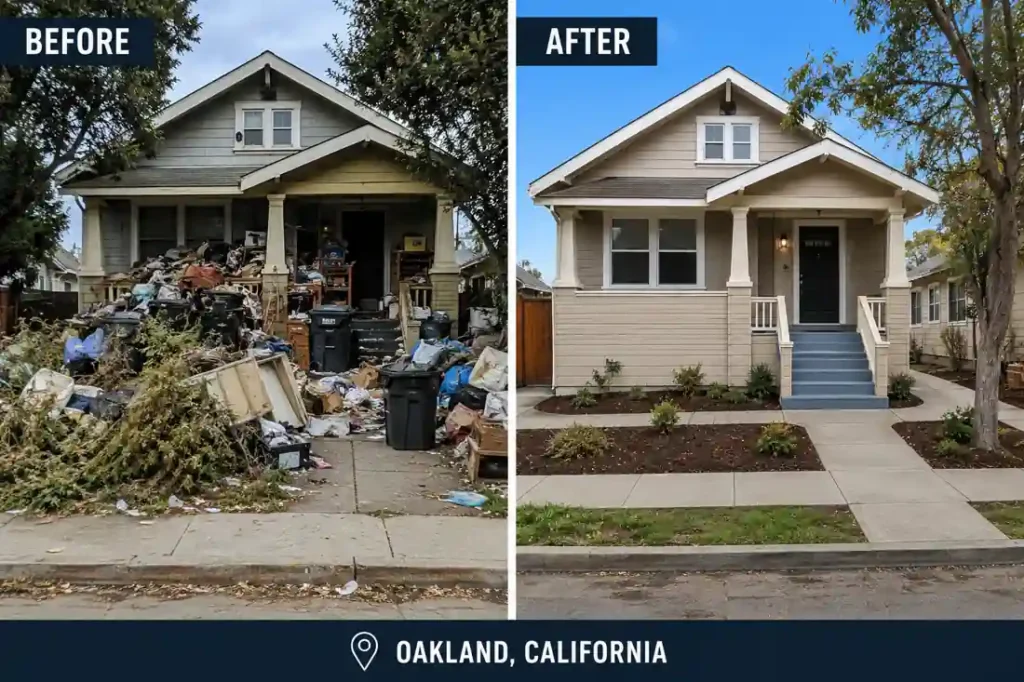 Before and after Oakland CA hoarder house exterior cleanup and renovation after selling the property as-is for cash